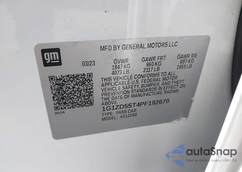 2023 Chevrolet Malibu Fwd 1Lt из США, поврежденный, VIN 1G1ZD5ST4PF192670